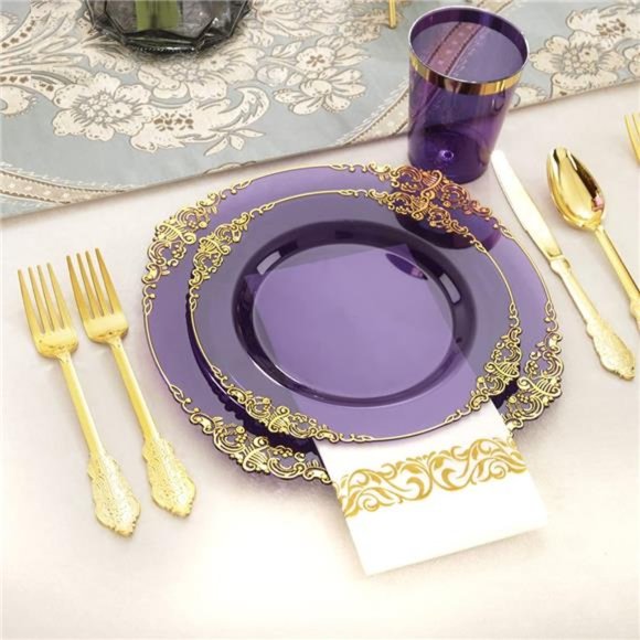 175PCS Clear Purple Plastic Plates - Gold Plastic Plates for 25 Guests - Picture 4 of 6